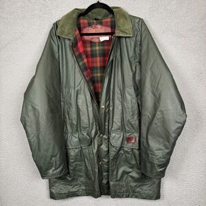 VTG Woolrich Coat Mens L Green Chore Coat‎ Plaid Wool Lined Outdoor Rugged Rain